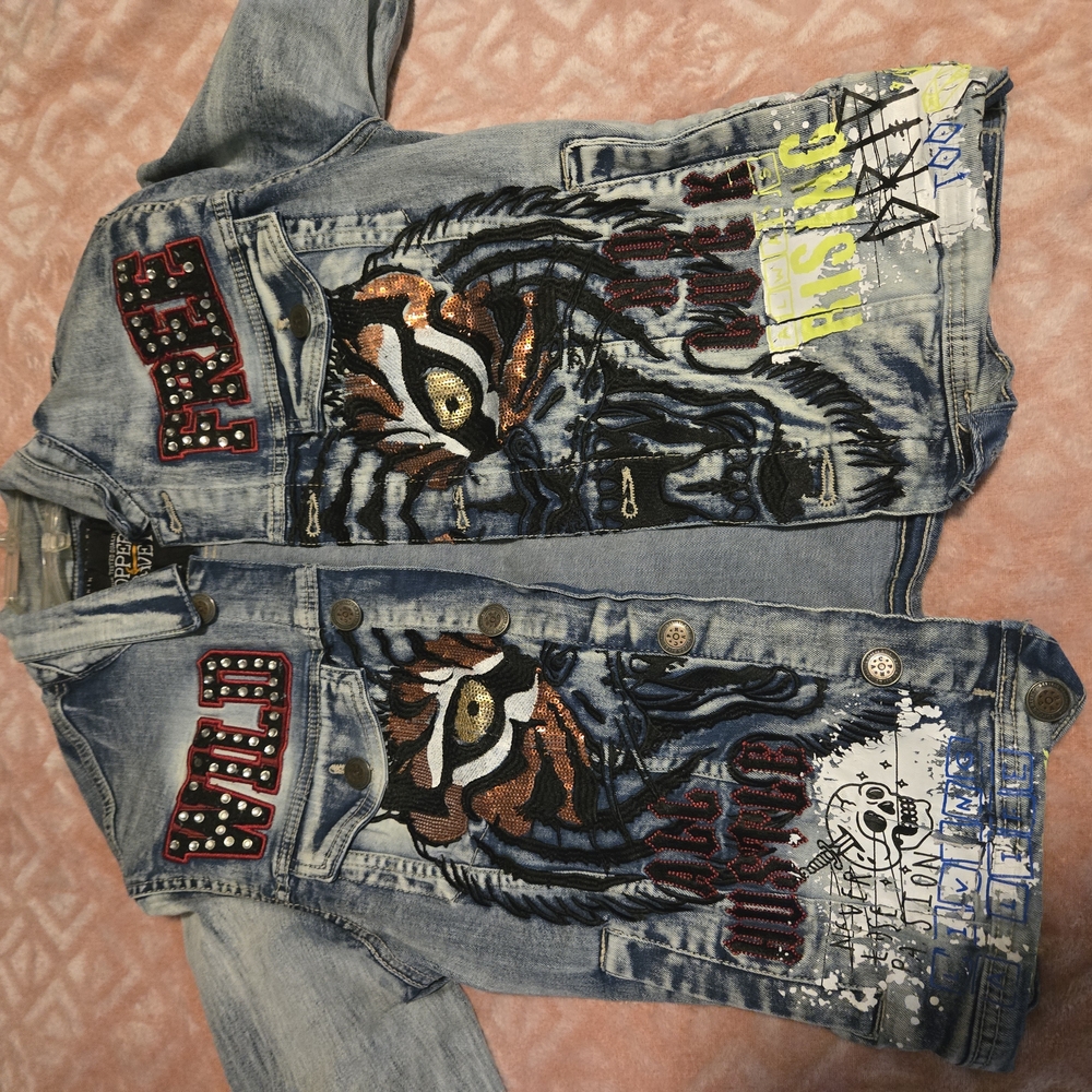 Embroidered Denim Jacket with Tiger Design